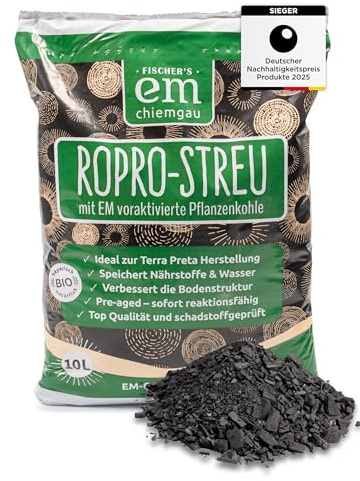 EM-Chiemgau RoPro-Streu 10 L Pflanzenkohle - Wurzelaktivator Bodenaktivator & Kompostbeschleuniger [Voraktiviert mit Effektiven Mikroorganismen] für Terra Preta, Bokashi, Humusaufbau, Garten & Stall