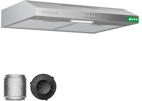 Soonye A+++ Dunstabzugshaube 60cm Unterbau,Umlufthaube Umluft mit Kohlefilter,3 Leistungsstufen,Integrierte Unterschrank Unterbauhaube Abluft,Edelstahl Silber