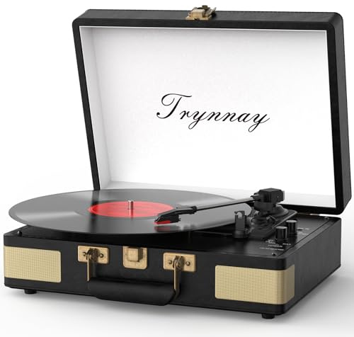 Trynnay Plattenspieler Schallplattenspieler 3-Gang-Bluetooth, tragbarer Koffer-Vinyl-Player mit integrierten Lautsprechern, Plattenspieler, verbesserter Audio-Sound, PU-Leder, Vintage Black