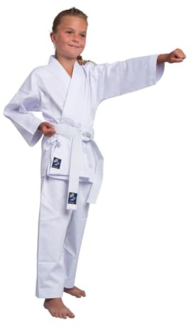 TEKKA BUDO Karateanzug Basix weiß 7.5 oz - Karate Gi Set - Jacke. Hose. Gürtel - Einsteiger Anzug - Größe 140