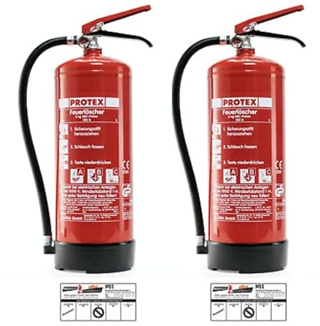 PROTEX – 2 Pulver-Feuerlöscher – Protex PDE 6 Pulverfeuerlöscher – 6 kg – für die Brandklassen ABC – DIN EN 3 und CE – je 9,5 kg – mit praktischer Halterung – mit Prüfplakette – Made in EU