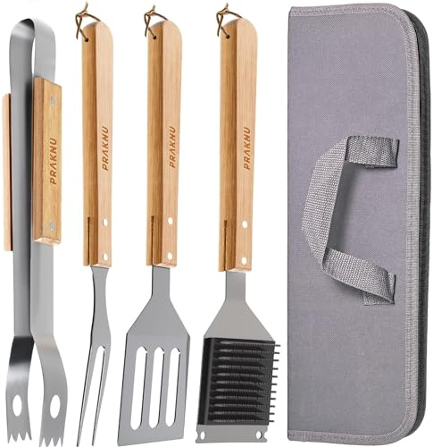 Praknu Grillbesteck Set mit Holzgriffen und Tragetasche - Hitzebeständig, Rostfrei und Robust - Grill Zubehör Set mit Grillbürste, Zange, Wender und Fleischgabel - Grillzubehör - Männer Geschenk