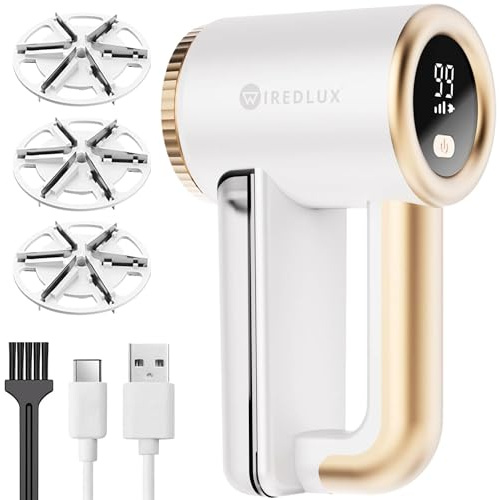 Fusselrasierer Elektrisch WiredLux - Wiederaufladbarer Fusselentferner für Kleidung & Möbel - Einstellbare 3-Fach Geschwindigkeit, 6-blättrige Klinge, LED-Anzeige, USB-Aufladung (Weiß)