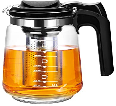 T24 Teekanne aus Glas mit Siebaufsatz Hitzebeständig herausnehmbaren Edelstahl Filter Sieb, Glasteekanne mit Teesieb & Überhitzungsschutz, Ideal zur Zubereitung von Losen Tees, Teapot (1500ml)