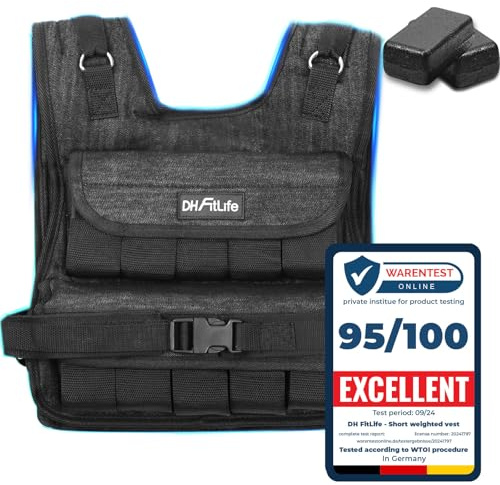 DH FitLife Gewichtsweste 10kg/20kg, verstellbar, mit 20 Gusseisen | Kompakt & körpernah|20 herausnehmbare Gusseisen Gewichte|Reflektorstreifen|Weighted Vest|Krafttraining & Calisthenics