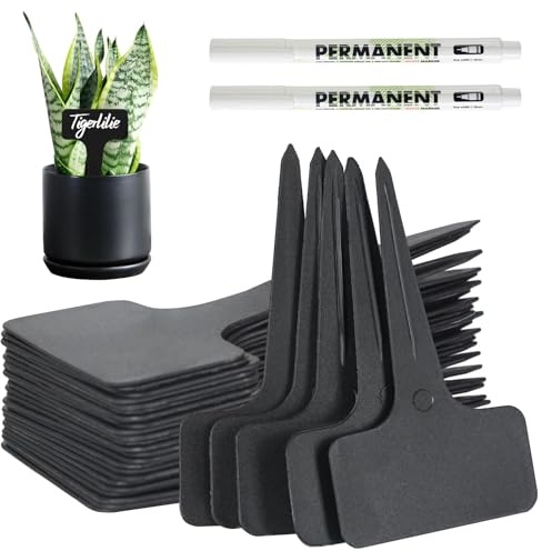 VEGCOO 120 Stück Pflanzschilder für Draussen, 6x10cm T-Typ Wetterfest Pflanzenstecker, Kunststoff Stecketiketten Pflanzenschilder mit 2 Marker, schwarze Namensschilder für Gemüse, Obst, Blumen