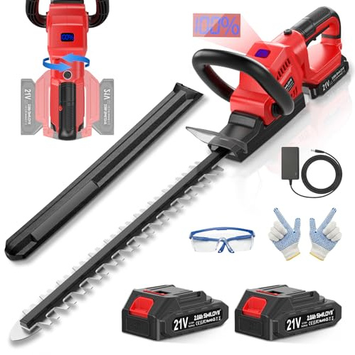 SMILOVII 21V Akku Heckenschere 50 cm Dual-Action Klinge, 2×2000 mAh Akku & Ladegerät, 850 W Elektro Heckenschneider, 180° drehbarer Griff, ergonomisch & sicherer Start für Garten, Sträucher und Hecken