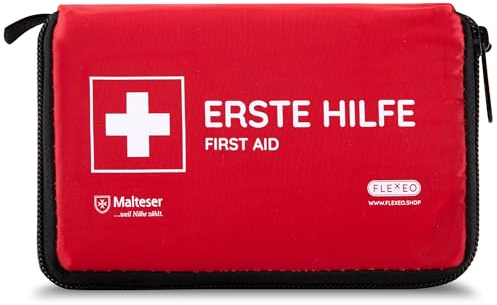 FLEXEO Erste Hilfe Set "Essential" | kompakte, leichte Tasche für Outdoor, Fahrrad, Wandern und Reisen | kleine Verbandtasche für Unterwegs und Kinder | Mini-Verbandkasten, Reiseapotheke