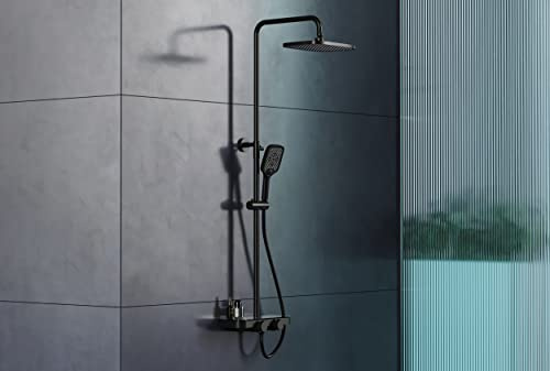 Bernstein Duschsystem BS371 Thermostat Schwarz matt Regendusche eckig | Glasablage für Pflegeprodukte; Handbrause mit 3 Strahlarten; Wasserauslauf per Knopfdruck; Anti-Kalk-Düsen
