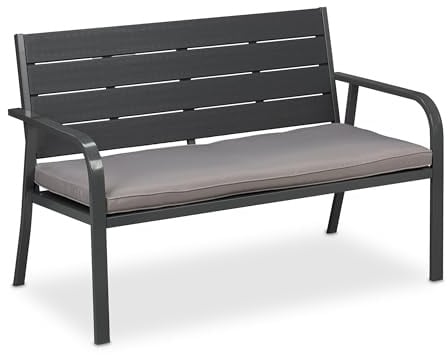 Relaxdays Gartenbank incl Sitzkissen, Holzoptik, HBT: 78 x 118 x 66 cm, 2-Sitzer, stabile Balkonbank, Sitzbank, grau