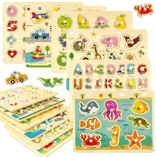 edutree Hölzerne Steckpuzzle für Kleinkinder 2-4, 6 Pack pädagogische Peg Puzzles Montessori Spielzeug, Lernen Puzzles für Kinder Mädchen Jungen 1-3 3-5 mit Alphabet Zahl Tier Fahrzeug Form