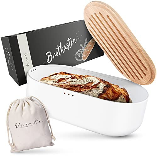 Vezato Brotbox – Nachhaltiger Brotkasten für lange Frische – Extra großer Brotkorb mit Bambusdeckel & Schneidebrett – Nachhaltiger Brotbehälter inkl. Brotsack