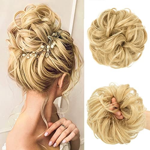 JJstar Haarteil Mit Gummiband, Groß Dutt Haarteil Gelockt Haargummi Mit Haaren Hochsteckfrisuren Haarverlängerung Messy Bun Haarteile für Damen Mädchen Pferdeschwanz (Natürliches Blond)