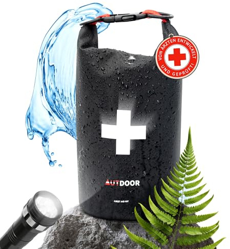 AUTDOOR® Erste Hilfe Set Outdoor - DIN13167 - Wasserdicht & leicht - Entwickelt mit Ärzten - Reiseapotheke für Wandern, Klettern, Wassersport - Kompakte Notfalltasche für Reisen