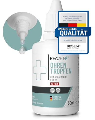 ReaVET Ohrentropfen mit kolloidalem Silber 50ml I Für Hunde und Katzen I SEHR GUT bei Ohrentzündungen, Juckreiz, Keime, Pilze und Bakterien, Ohrenpflege, Ohrenhygiene, Gesunde Ohren