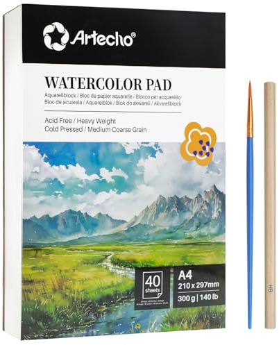 Artecho Aquarellpapier A4 300g 40 Blatt mit Aquarellpinsel und Bleistift, Weiß Aquarellblock 21×29.7 cm, Malblock für Aquarell, Acryl, Zeichnen, Malen.