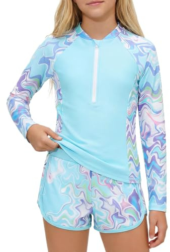 JiAmy UV Badeanzug Mädchen mit Gepolsterte, Langarm Kinder UV Badebekleidung mit Badeshirt & Shorts, Schwimmshirt UV Shirt Schwimmanzug Blau 10-11 Jahre