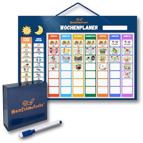 MeinSchlaufuchs® Wochenplaner Kinder - Montessori Magnettafel inkl. 250 Magnete, Aufbewahrungsbox, Kordel & Stift - 2-in-1 Wochenplan & Routineplan - Morgenroutine & Abendroutine für Kinder