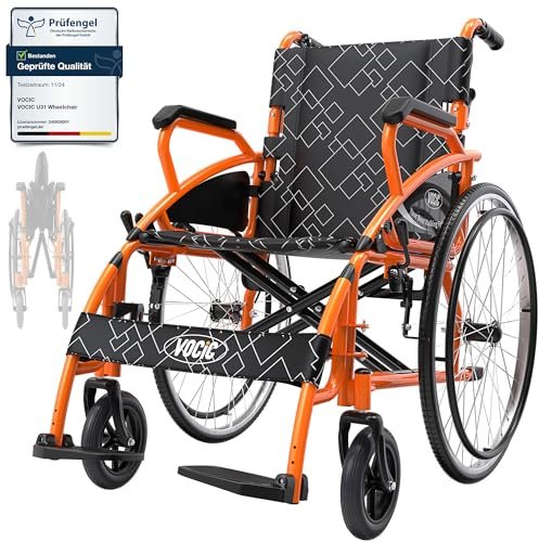VOCIC U31 Rollstuhl faltbar leicht bis 150KG,Doppelbremsen Transportrollstuhl klappbar (17.5KG) mit Selbstantrieb für Senioren,60cm Pannensicher Hinterrad für Alle Terrains,5 Jahre Support|Orange