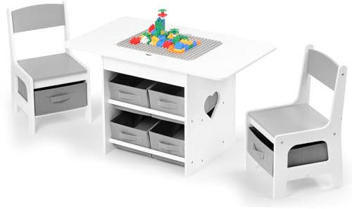 Relquorax Kindertisch und 2 Stühle Set 2-in-1 Kunststoffbausteine Kompatibel Aktivität, mit 6 Aufbewahrungsbehältern Boxen, Kindermöbel, Geschenk für Junge & Mädchen (Grau)
