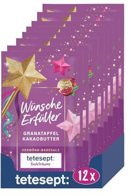 tetesept Badeträume Verwöhn Badesalz Wünscheerfüller – 12 × 50 g – Badezusatz mit fruchtig-süßem Duft nach Granatapfel & Kakaobutter – Rezeptur vegan und frei von Mikroplastik