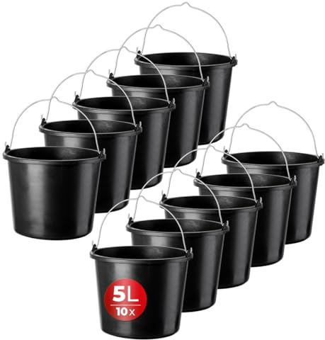 KADAX 10x Baueimer aus Kunststoff, 5l, Mörteleimer für Garten, Baustelle, Eimer mit Griff, Wassereimer, Stabiler Zementeimer, Mörtelkübel, Putzeimer, schwarz (10)