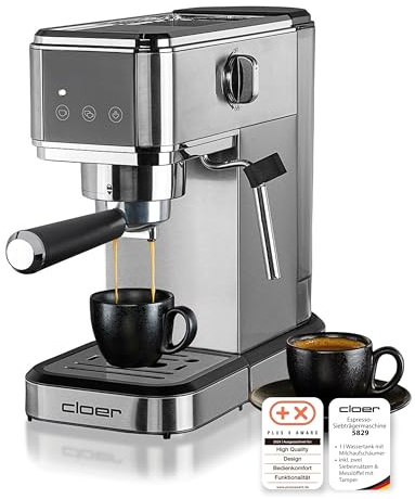Cloer 5829 Espresso-Siebträgermaschine, Espressomaschine mit Aufschäumer, 20 Bar, schmales Design,1-2 Tassen Espresso, Cappuccino,Latte Macchiato,Sicherheitsabschaltung,1 Liter Wassertank,1350W