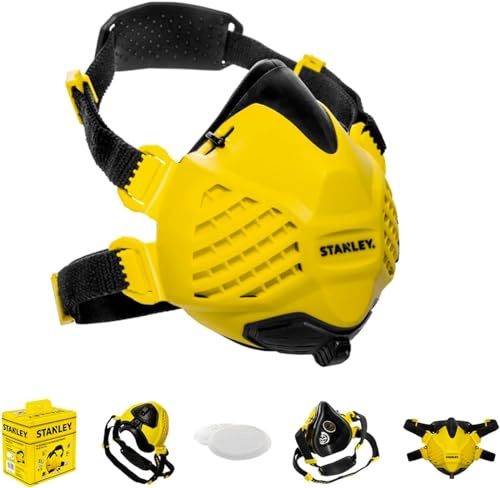 Stanley P3 Atemschutzmaske, wiederverwendbare Staubschutzmaske mit Face-Fit-Check Technologie und integrierten 99,99% Filtern. Schutzmaske, Atemmaske, Feinstaubmaske, P3 Maske, Schleifmaske –M/L