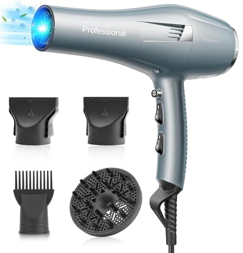 Profi Föhn Ionen Fön Haartrockner Hair Dryer Haarföhn mit 1 Diffusor 2 Stylingdüse, 3 Heiz und 2 Geschwindigkeitsstufen, 2.5 Meter langes Netzkabel, Starker Fön für Familie (blau) (blau)