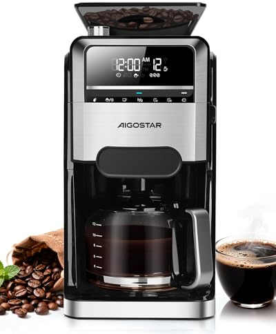Aigostar Kaffeemaschine mit Mahlwerk, 1400W Filterkaffeemaschine, 7 Mahlgrade, 3 Aroma-Stufen, 1,5 Liter Coffee Machine (2-12 Tassen), 24H Timer, Warmhaltefunktion, Schwarz- für frischen Kaffeegenuss