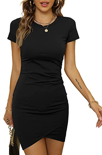 Laughido Damen Bodycon Kleid Kurz Enges Wickelkleid Kurzarm Sommerkleid Mini T Shirt Kleid