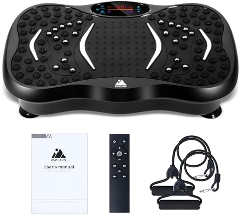 EVOLAND Fitness Vibrationsplatte 3D mit 5 Programm Modi Ausrüstung für Ganzkörperübungen Heimtraining, mit Bluetooth Lautsprecher 2 Widerstandsbänder
