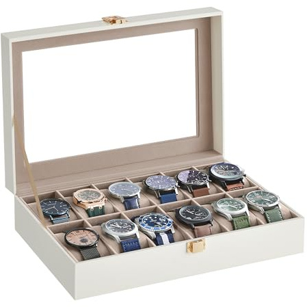 SONGMICS Uhrenbox mit 12 Fächern, Uhrenbox, Schatulle, Glasdeckel, abnehmbare Polster, Schloss aus Metall, Beschichtung in Wolkenweiß und Futter in Cappuccino-Beige JWB120W01