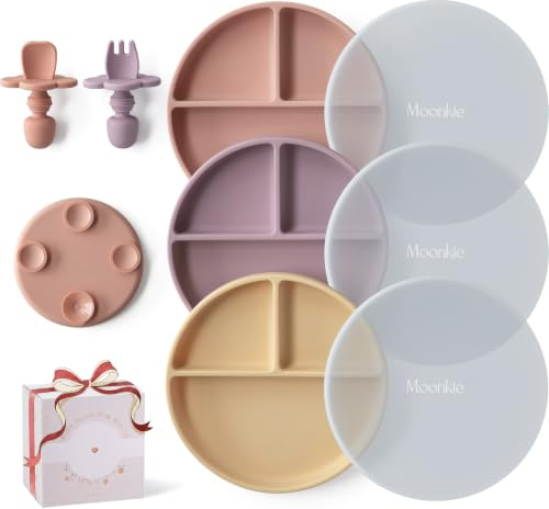 Moonkie 3pc Silikon Kinderteller mit Deckel, Baby teller mit Saugnapf, BPA-freie Rutschfest Geteilte Geschirr Set mit Gabeln und Löffel, Mikrowellen und Spülmaschinenfest(Hellrosa/Pale Mauve/Honey)