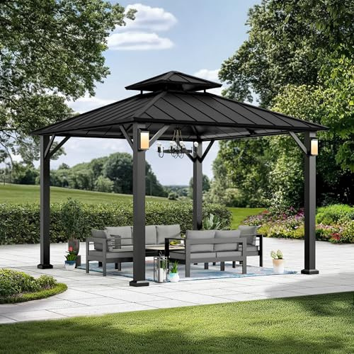 Modern Shade Pavillon 3x3 m Festem Dach, Winterfest Wasserdicht Stabil Stahldach Hardtop Gartenpavillon mit 4 Solar LED Leuchten, Regen und UV beständig Outdoor Pavillon für Garten und Terrasse