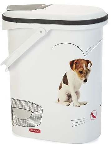 Curver Hundefutterbehälter 10L – Luftdichte kompakte Futterbox für Trockenfutter – Bis zu 4kg Kapazität, Leichte Entnahme - für Hunde oder andere Haustiere – Weiß mit Hundemotiv