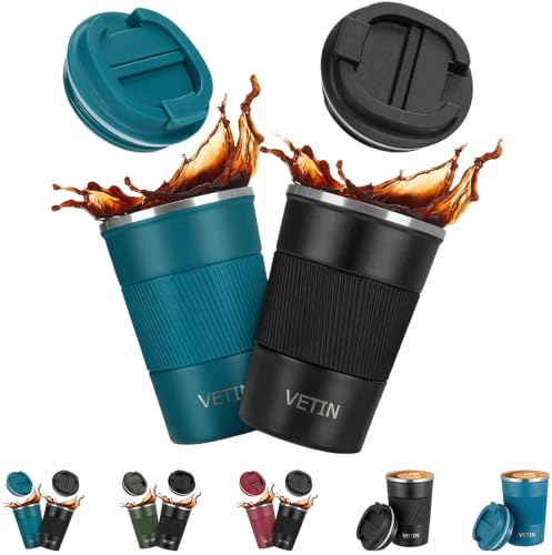 VETIN 2 Stück Kaffeebecher To Go Thermo 380 ml, 304 Edelstahl Thermobecher | Auslaufsicherer Deckel, Doppelwandige Isolierung, für kaffee to go, Reisen und Pendeln, Passend für Auto-Getränkehalter