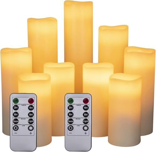 LED Kerzen Set von 9 Flammenlose Kerzen Batteriebetriebene Kerzen D2.2xH 4 5 6 7 8 9 Echtwachssäule Kerzen Flackern mit Fernbedienung und Timer-Steuerung, Elfenbein Farbe（9x1）