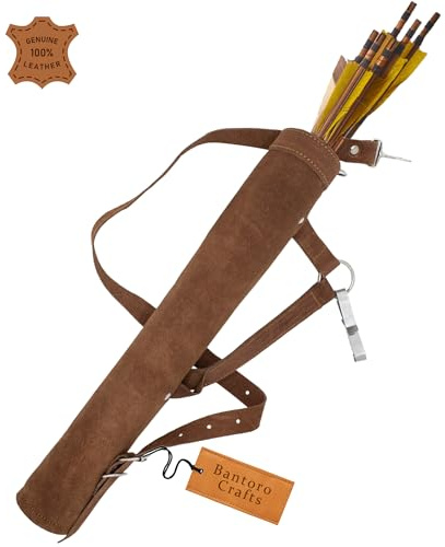 Bantoro Crafts Lederköcher Handgefertigte traditionelle Bogen- und Pfeilschießen-Tragetasche mit Taschen, Outdoor-Schießen, Bogenschießen-Zubehör (Wildlederbraun)