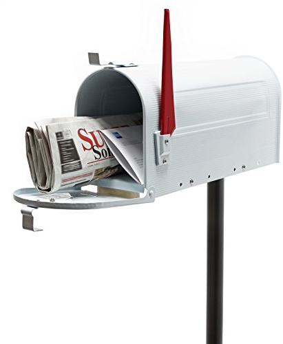Wiltec Set US Mailbox weiß 180 x 220 x 480 mm, amerikanischer Briefkasten mit Fahne, Standbriefkasten Stahl amerikanisches Design mit passendem Standfuß
