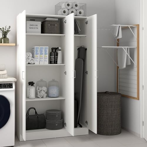 Dmora - Großer Mehrzweckschrank Beaumont, Zusatzschrank mit 3 Türen, Schuhregal mit Regalen, Besenschrank, 109 x 37 x 180 cm, Weiß