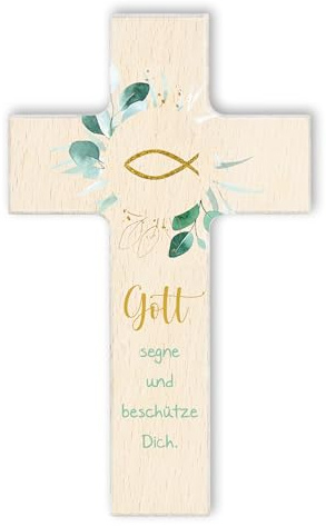 Fritz Cox Holzkreuz Fisch | Gott segne und beschütze Dich | christliches Geschenk für Kinder natur,20cm
