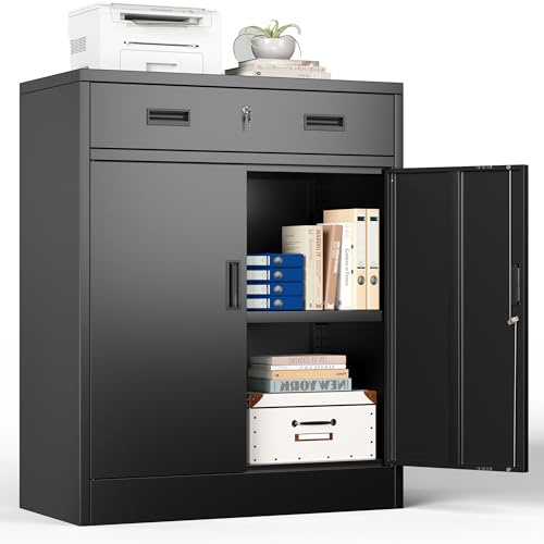 Aktenschrank, Mehrzweckschrank, Schrank abschließbar, Schwarz, 90*80*40cm | Büroschrank mit 2 Türen, Aufbewahrungsschrank Stahl, 1 Schublade und 1 Verstellbarer Einlegeboden für Büro,Garage,Wohnzimmer