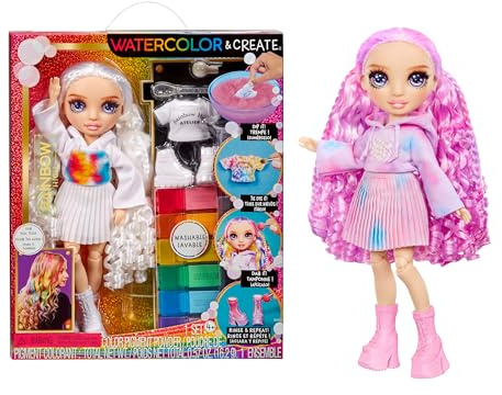 Rainbow High Watercolour & Create DIY Modepuppe mit Auswaschbaren Wasserfarben & Batikset - Lila Augen, Lockenhaar, Extra Top & Schuhe - Malen, Gestalten, Spielen, Abspülen, Wiederholen - 4-12+ Jahre