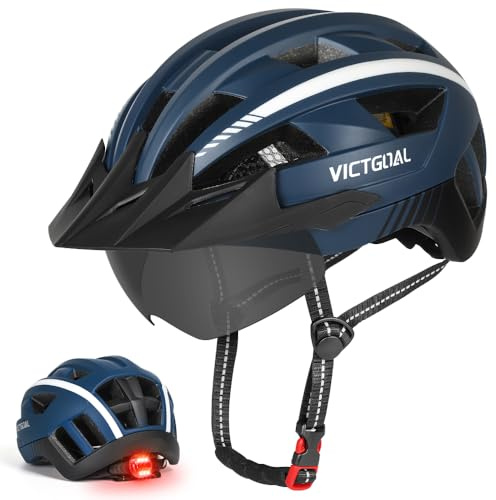 VICTGOAL Fahrradhelm MTB Mountainbike Helm mit magnetischem Visier Abnehmbarer Sonnenschutzkappe und LED Rücklicht Radhelm Rennradhelm für Erwachsenen Herren Damen (Navy, L: 57-61cm)