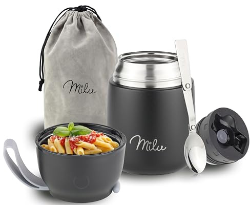 Milu® Thermobehälter für Essen 450ml, Edelstahl Warmhaltebehälter mit Löffel, Thermobecher Essen, Thermo Lunchbox für Kinder, Erwachsene, Thermobox Suppen, Babybrei, Speisebehälter Schwarz, 450ml