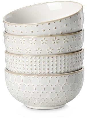 MALACASA LYDIA Müslischalen 4er Set, Schüssel Set Steingut Relief Beige | 900ml Groß, Vier Reliefmuster, Für Müsli, Suppe, Salat & Dessert, Stapelbar