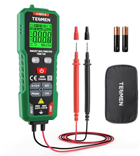 TESMEN TSM-192 Handheld Digital Multimeter, Voltmeter with Leads, Auto Range Measures Phase, NCV, AC/DC voltage, Resistance, Continuity & Live Wire for Automotive Testing, Household-Green