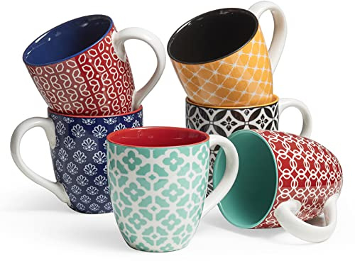 DOWAN Kaffeetassen Set, 6 x 560 ml Kaffeebecher Porzellan, Große Tassen im Chinesischen Traditionellen Musterstil für Kaffee, Milch, Tee & Kakao, Coffee Mug Mehrfarbig