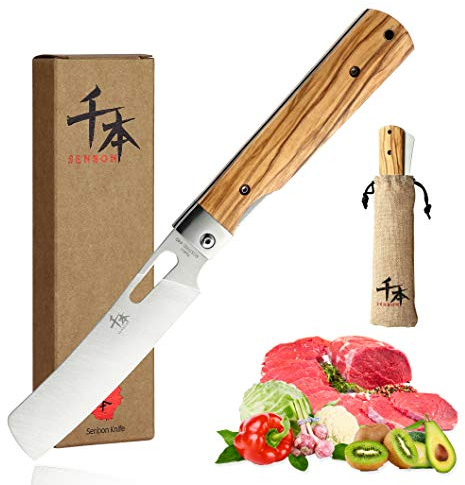 SENBON 440A Camping Kochmesser, Klappmesser aus Edelstahl, japanischer Stil | Olivgriff, scharfes Reise‑Obstmesser, tragbares Taschenmesser für Outdoor, Camping & Reisen